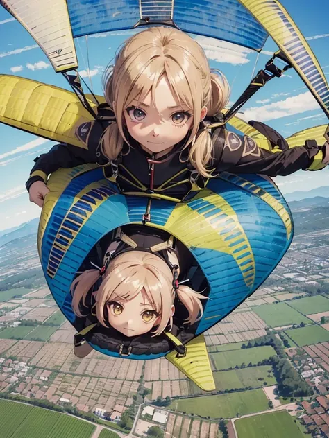 autumn, (Please draw a beautiful rural landscape while flying a paraglider in the blue sky: 1.8), (solo:1.4), full body, BREAK, cute 1 girl, (chibi:1.6), (medium hair, blonde hair:1.2), (low twintails:1.4), (yellow eyes:1.2), big eyes, hair clip, earrings,...