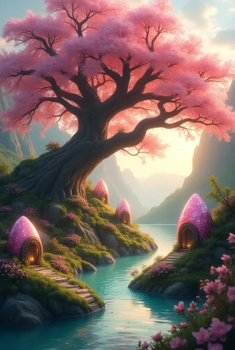 large cherry tree hanging over a meandering pond an river let where the stone egg-like huts and homes of the little people are, fairies, gnomes, whips and elven, backlight morning light, all made from crystals, gems and sparkles, fantasy art style, 8k res