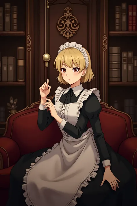 A young blonde woman, dressed as a Victorian maid, within a lavish study, being hypnotized by a pendulum, vacant expression, in full view, in a detailed anime style.