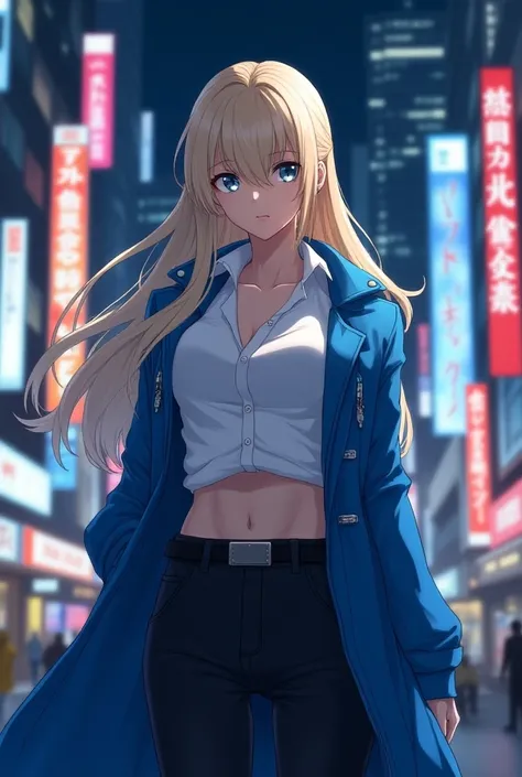  Anime girl with long straight blond hair, from Eastern Europe ,  white skin, blue eyes,  muscular body ,   on the streets of Tokyo at night, White shirt, wearing electric blue coat .