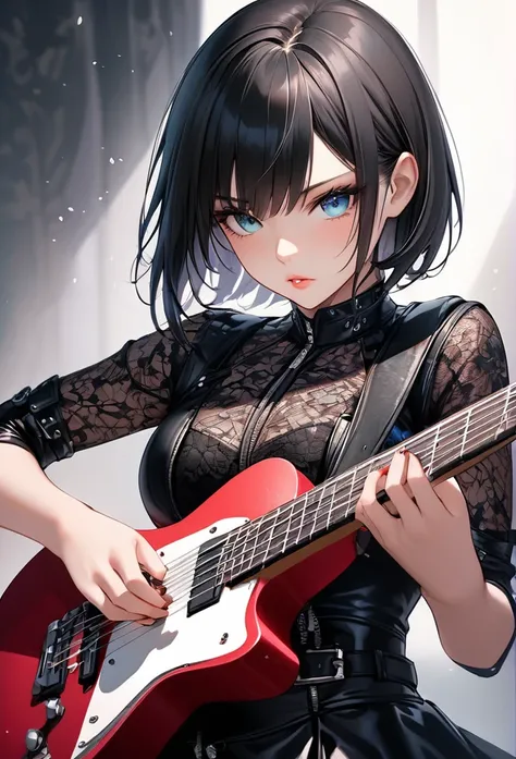 "With her short black hair and beautiful eyes, she wears a black lace and leather outfit while powerfully playing the guitar. Her challenging and confident expression, focused on the camera, conveys both strength and passion as she immerses herself in the ...