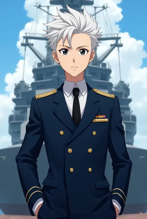  Create a One Piece , young man, with white hair, black eyes and a serious look ,  anime-style character wearing a Navy admiral outfit on a ship