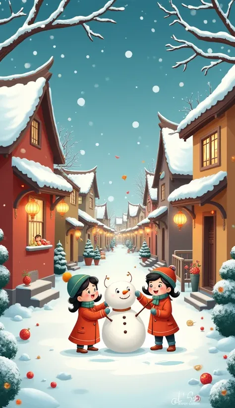  Winter Street Scene :
style:  Vietnamese folk illustration with soft lines and colors bright colors.
Cartoon scene :  A small street in winter ,  ren playing happily in the snow ,  building a snowman ,  while adults stand by the window ,  looking out with...