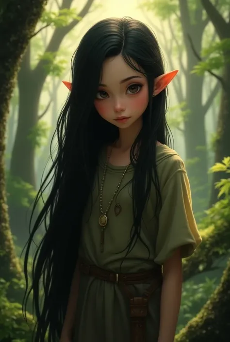 An elf with long black hair around the age of 10