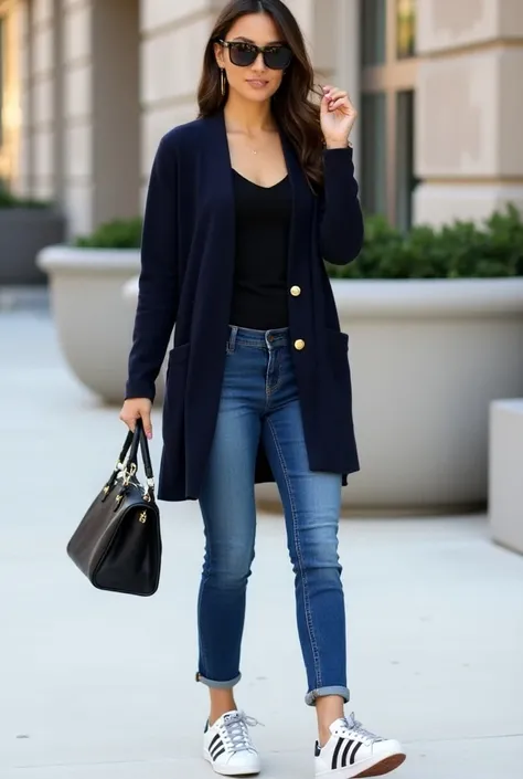 •	A structured short length  navy cardigan with gold buttons adds a touch of classic sophistication to this look. The cardigan is paired with a simple black tee underneath, offering versatility for layering.
	•	The high-waisted straight-leg jeans introduce...