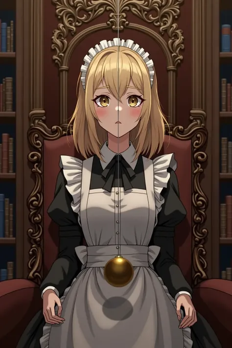 A young blonde woman, dressed as a Victorian maid, within a lavish study, being hypnotized by a pendulum, vacant expression, in full view, in a detailed anime style.