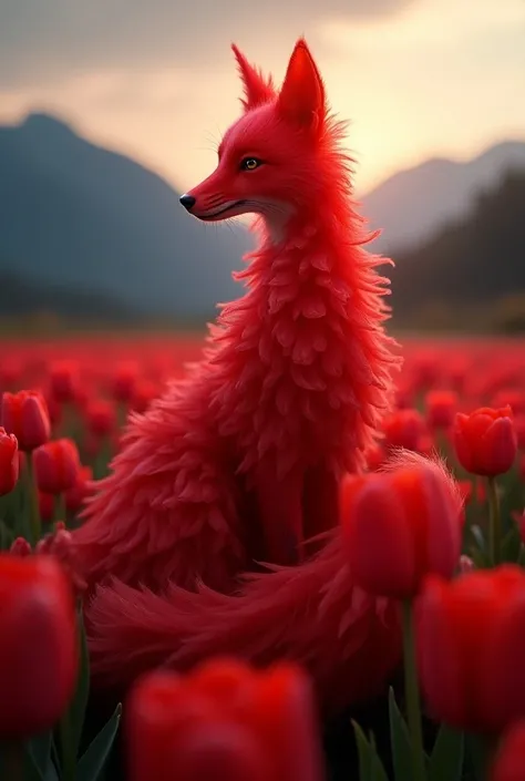  "A stunning digital creation of a mystical fox made entirely from vibrant red tulip petals, standing poised in a field of tulips. Each tulip petal flows seamlessly across the foxs body, giving it a sleek and graceful appearance. The foxs fur shimmers with...