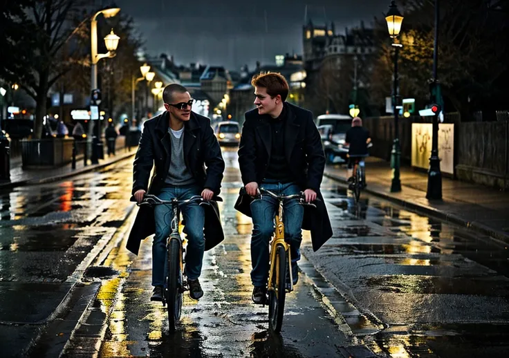 Two young men in their 30s are cycling along the banks of the River Thames, near the Palace of Westminster and Big Ben. The art style is detailed and soft, with warm colours and soft lighting that reflects the drizzle on the wet streets. The golden lights ...