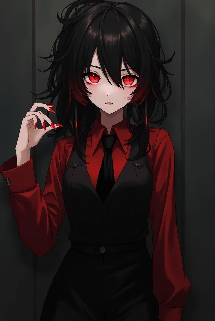 girl, pale skin, red eyes, small breasts, black hair with red details messy with a ponytail, dressed in a red long-sleeved shirt, a black dress waist vest, black tie, black dress pants, creepy look, long sharp red nails. Anime style