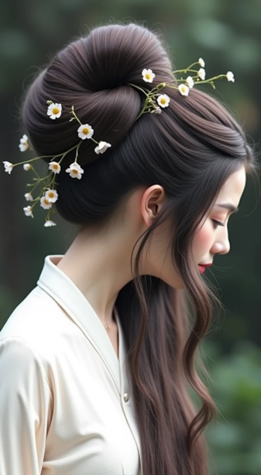 A lady have the longest hair .She make the longest hair to big low bun with hair flow