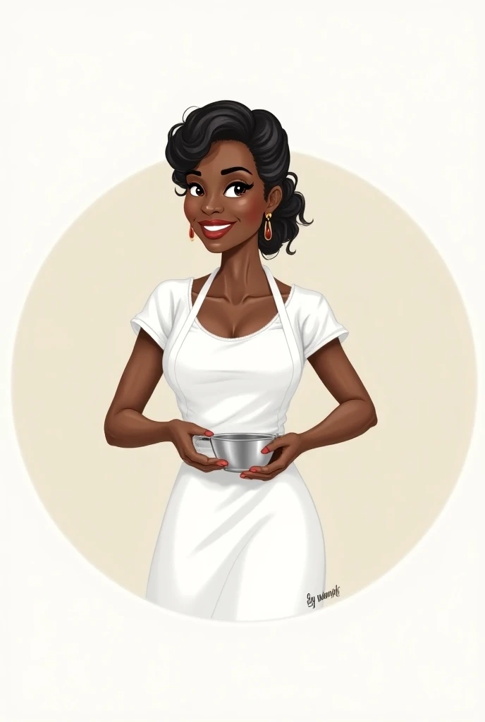 Create a round logo with the name Mila Salgados and a drawing of a black female chef holding a skimmer on the inside of the circle.