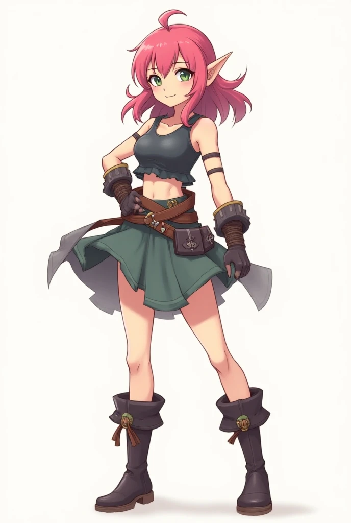 (Full body:1.5), subject in semi-profile, 1 half-elf, woman, young, slightly pointed ears, small ears, pink hair, green eyes, slim, medium chest, nice legs, smiling, friendly, RPG clothes, rogue clothes, boots, anime style, simple drawing, line drawing, an...