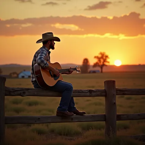 A man without a beard, estilo cantor de country, Sitting on a fence with guitar in hand, Look at the horizon ,  on a farm in Texas , watching the sunset.