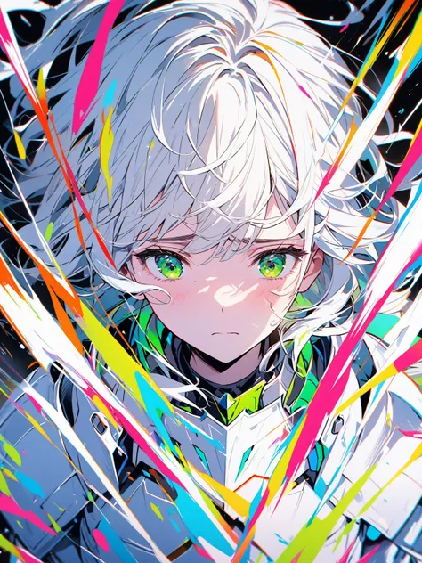 1 white-haired girl, wearing armor, green eyes,sad,bright lines and vivid colors, white theme artwork