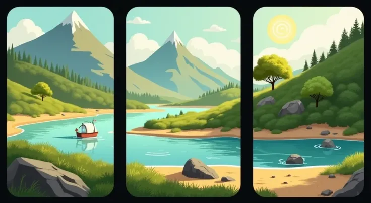 "A three-panel landscape artwork featuring a serene river winding through a lush valley with towering mountains in the background, under a clear blue sky with fluffy clouds and a glowing sun."