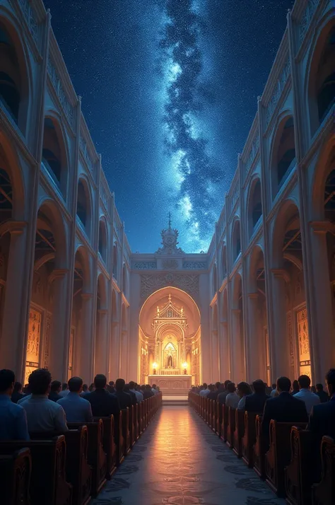 Create an image of a church filled with worshipers sitting on a bench praying in front of the altar, its above the churchs roof, its open and has an all-starry sky illuminated just below.