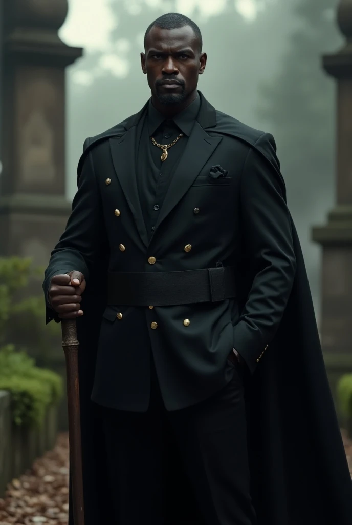  Black man with a serious expression, with a wooden staff in his hand , wearing a dukes clothing all black ,In the background a cemetery  