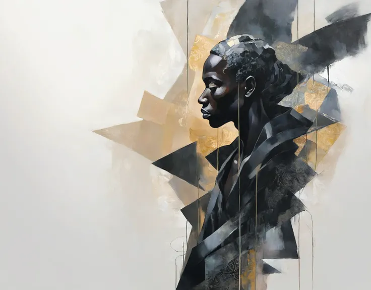 A dark-toned african figurative painting of a male figure, blending abstract and realism. The male figure is partially cloaked in shadows, with light softly illuminating parts of his form. Abstract shapes and patterns surround him, merging with his figure,...