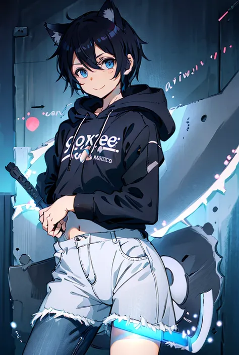 A  Solo,  Hair, , Cat Ears, Blush, Blue eyes, Light Smile, Cowboy Shot, Crown, a black hoddie and jeans shorts 