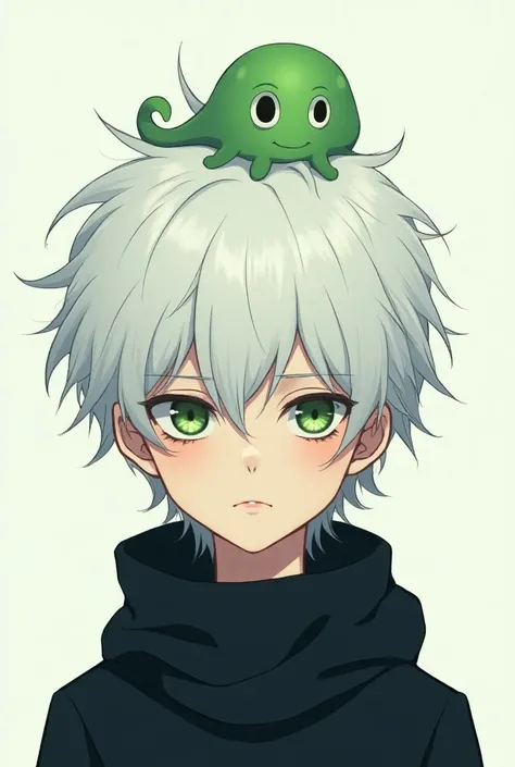 An emotionless 15-year-old boy with messy white hair with a small green slime on his anime-style head