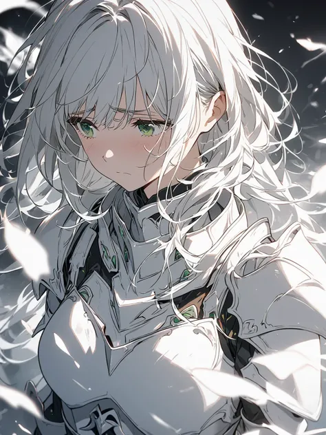 1 white-haired girl, wearing armor, green eyes,sad,white theme artwork