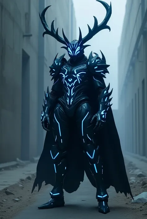 Futurism style, stag beetle warrior, pure vantablack blue line glowing armor,sharp head design,concrete utopian landscape, darkness goddess, menacing aura