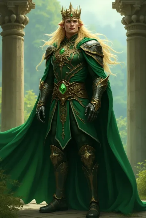 A green-eyed male elf king with blond hair with a crown of armor and green sword clothing 