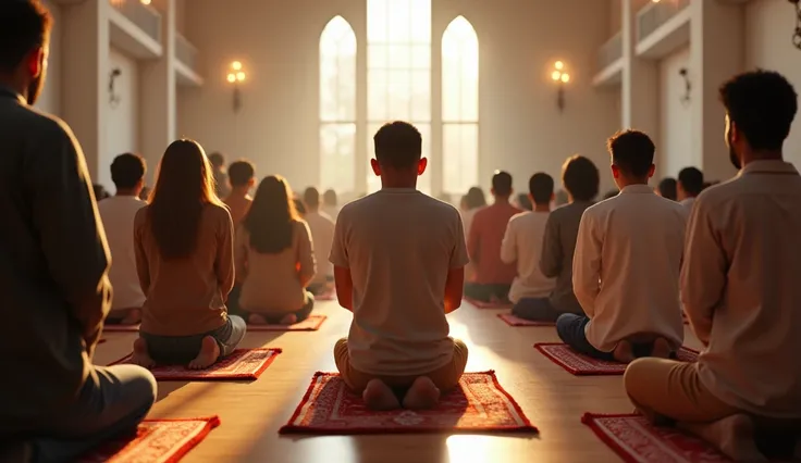 A diverse group of people praying together in a community center, joyful expressions, detailed environment, ultra-realistic, 8K.