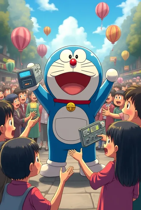 A Japanese manga doremon got surrounded by group of people and doremon is started giving gadgets to everyone is happy they got gadgets 