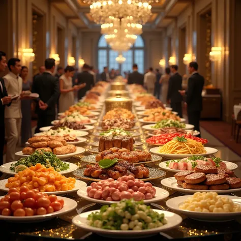 Luxury hotel buffet with meat dishes, fish dishes, salads, pasta, rice dishes, fruits, desserts and cakes, glitter effects