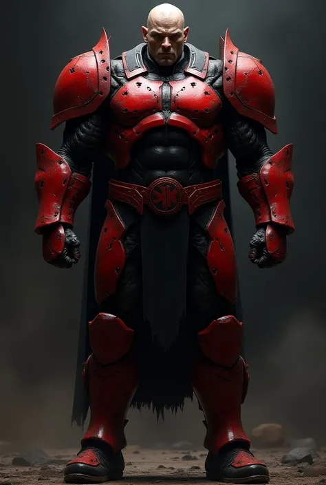 Create a bullet-headed muscular man with red and black armor 