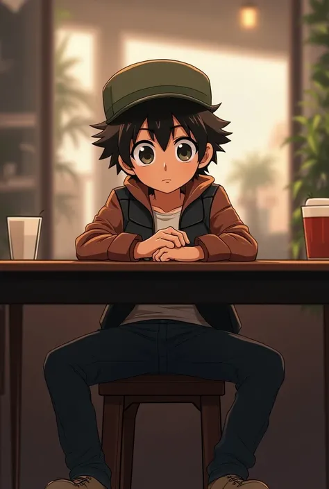 A anime s boy is sitting on a chair confidently 
 with table .The boys face should be towards me . Boy is wearing jacket with cap.