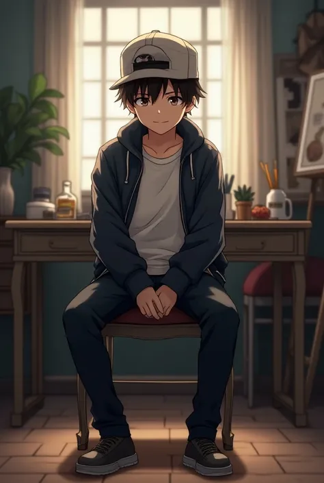 A anime s boy is sitting on a chair confidently 
 with table .The boys face should be towards me . Boy is wearing jacket with cap. Her room is like a studio. 