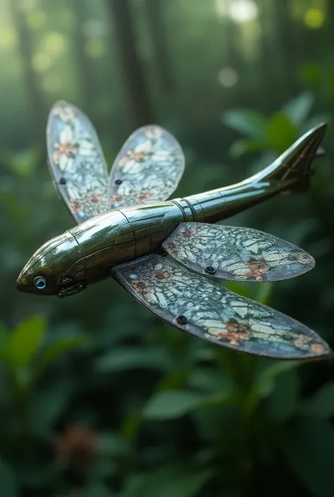 Create an image of a hybrid creature that combines the sleek, aerodynamic design of a helicopter with the delicate features of a dragonfly. The body should resemble a streamlined helicopter fuselage, with rotors that mimic dragonfly wings, showcasing intri...