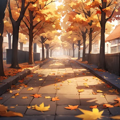 Fallen autumn leaves: A street or park filled with fallen yellow and red leaves, with a quiet, nostalgic feeling.