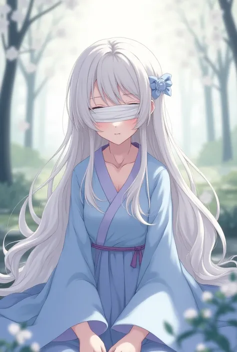  Old age anime-style girl with long white hair, and her eyes covered with a bandage ,  wearing a light blue dress with lila 