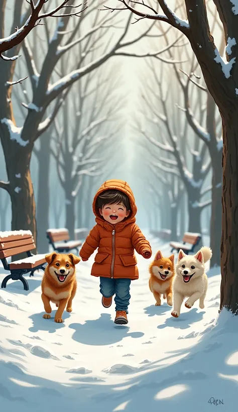  Park Walk Scene :
style: Realistic illustration ,  combined with the warm colors of winter .
Cartoon scene :  A winter park with benches and old trees ,  ren running and playing with dogs .  The air is cold but filled with laughter and fun.