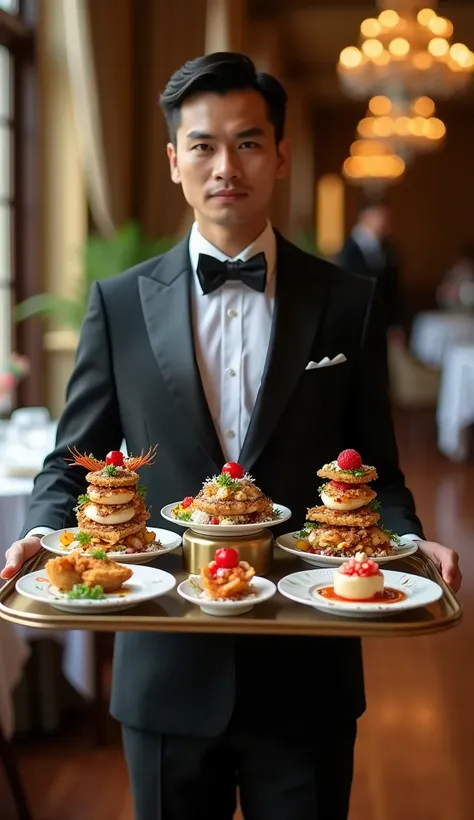 an elegant waiter with a tray with well-prepared and decorated dishes