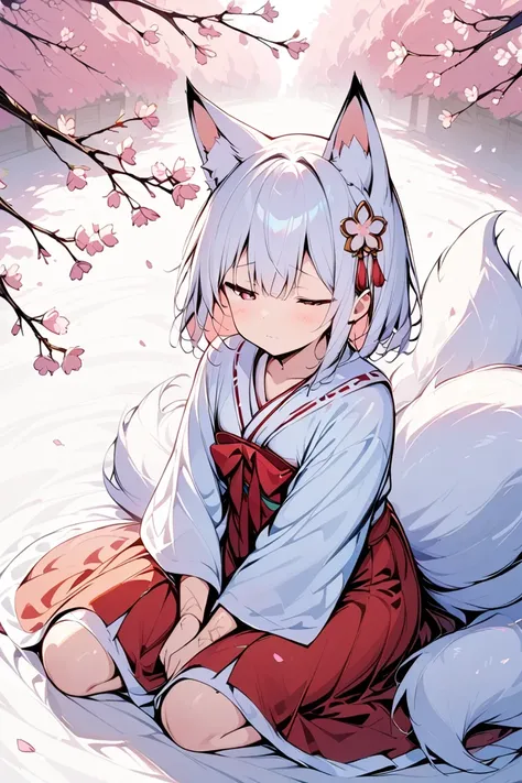 1人の可愛いFox earsの少女,(Best Quality,Very detailed depiction, incredible high resolution , anatomically accurate depiction ,High quality anime drawings),(White fox girl ),(Elegant shrine maiden outfit,Red Hakama,boots, hair ornaments with cherry blossom motifs ...