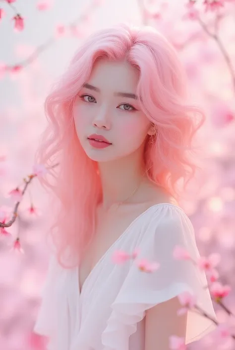 Light pink hair, pink eyes, pink and white, sakura leafs, vivid colors, white dress, paint splash, simple background, ray tracing, wavy hair name "Vandana"