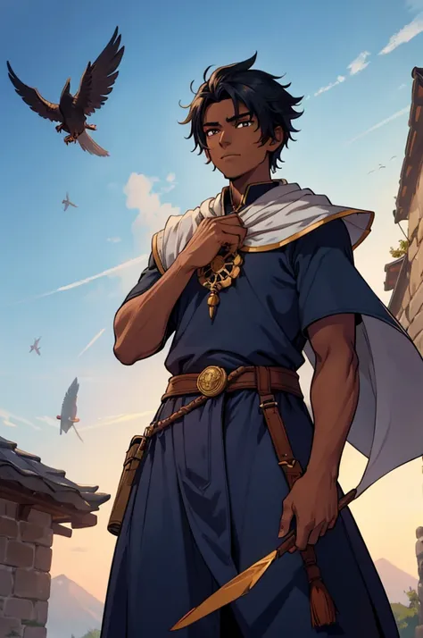 A young dark-skinned male mage with village clothes flying through the skies with wind magic