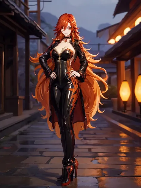 Female. red hair. long flowing hair. orange eyes. choker. Massive breasts. Standing. One hand on hip. Sunglasses. Full body. high heels. Night time. Raining. Onsen bath. Outdoors. Mavuika_Genshin_Impact