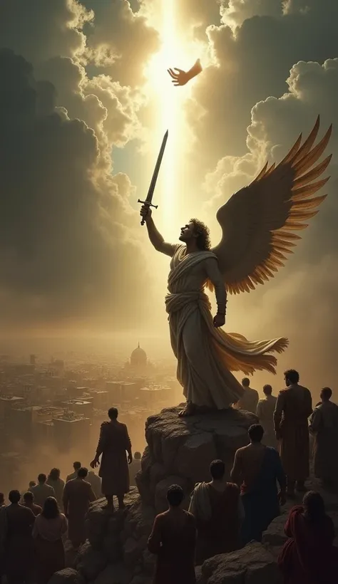 A poignant scene of the angel poised above Jerusalem, sword raised and ready for destruction, with a fierce expression. Below, the city is depicted in chaos, with people in fear and confusion. In the sky, a radiant light breaks through the dark clouds, sym...