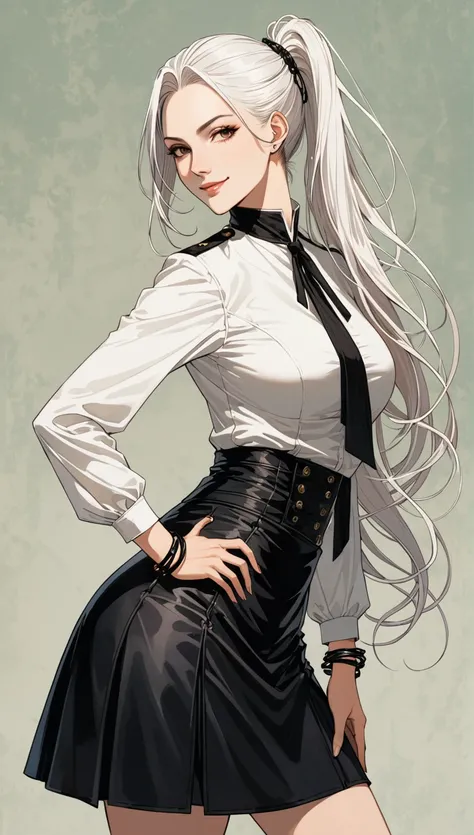 in style of Bradley K. in style McDevitt,in style of Santiago Caruso, character concept design,1girl,
Gothic style,romantic style，mature women, solo, black leather knee-length hip skirt uniform, white shirt, From the side, Rotate your upper body, looking a...