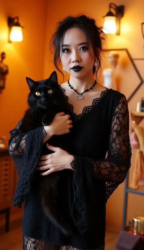 A pale woman with dark circles under her eyes. She wears a black lace outfit from the medieval period. Her hair is messy and straight, with a shade as black as night. She has small lips and wears black lipstick. dark eye shadow, dark lip, with a serious ex...