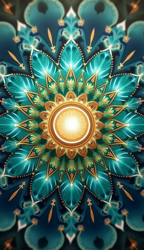 This is a highly detailed, symmetrical mandala with vibrant yet soft colors. It features celestial blue, emerald green, gold, and hints of light pink. The intricate design consists of multiple layers of concentric circles, flower petals, and fractal-like g...