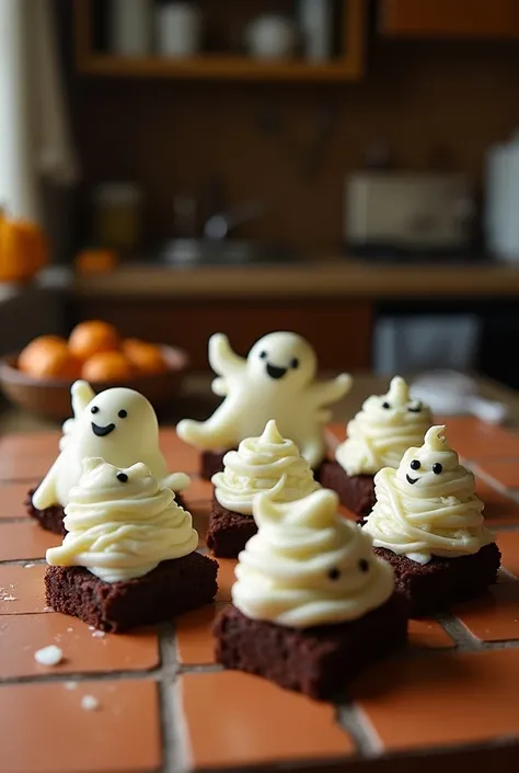 Brownies with different Halloween decorations drawn on the brownie made with white chocolate, some with ghosts ,  others with cobwebs ,  others simulating mummy bandages and making it a photo taken in an average kitchen in Latin America 