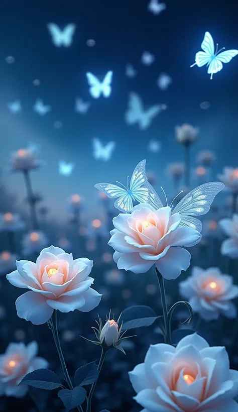 Pretty White and Blue Butterflies over A Field of White Magical Roses At Night Epic cinematic brilliant stunning intricate meticulously detailed dramatic atmospheric maximalist digital matte painting oil painting by James Gurney 8k resolution holographic a...