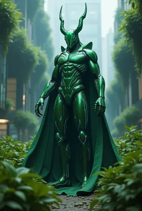 Futurism style, hercules beetle god, pure green skin, blue line glowing armor,sharp head design,concrete plant utopian landscape, darkness goddess, menacing aura