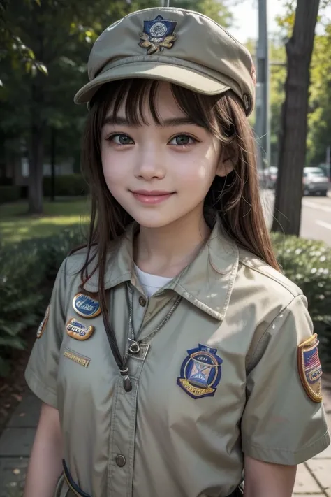 a beautiful (( girl)), dressed in Boy Scout uniform , It is standing in front of the observer, looking at the observer,  smiling at the observer 